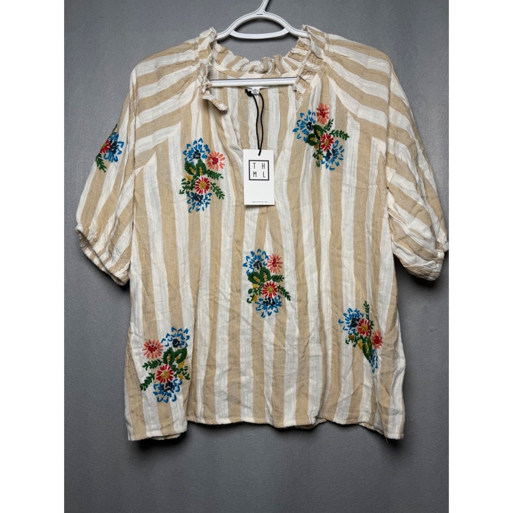 THML Womens Embroidered Striped Blouse Tan White Floral Puff Sleeve SRT1990-1-BE